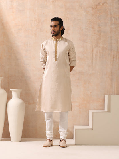 Indyancart ST Mens Cream Kurta with Gold Sequin Placket and Collar
