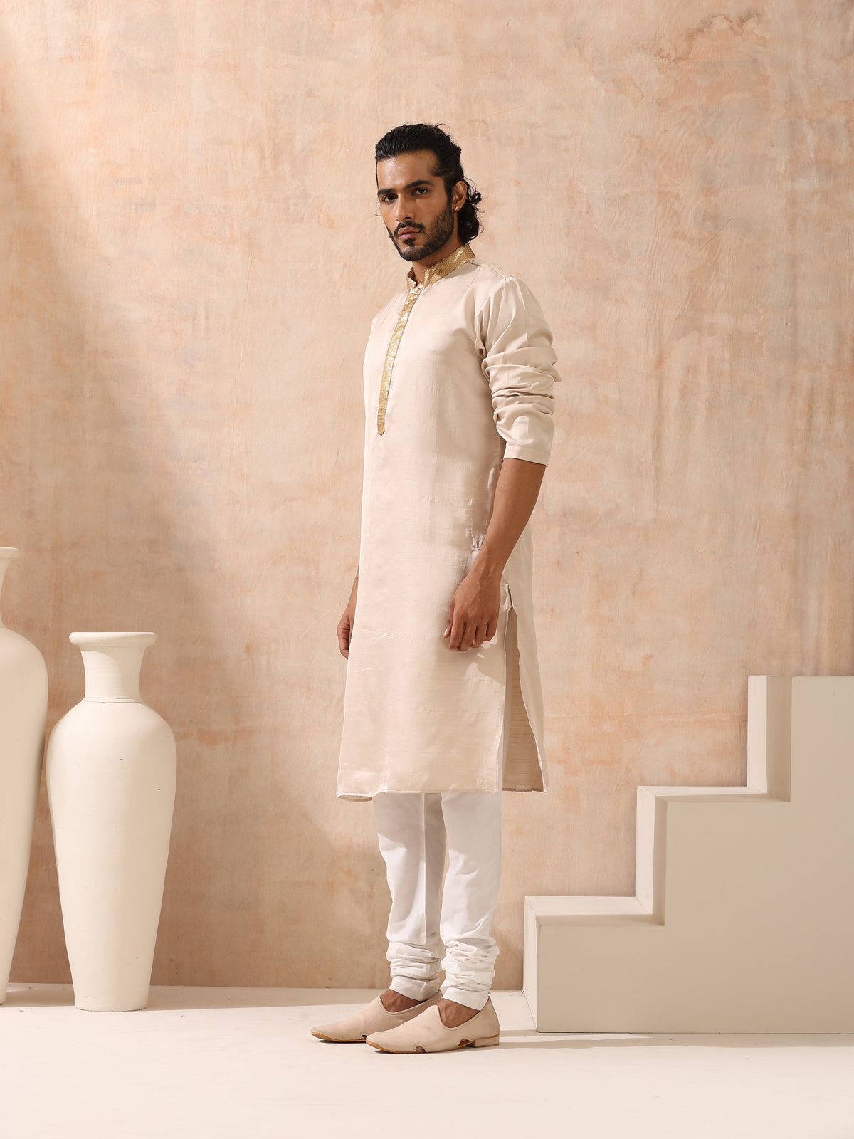 Indyancart ST Mens Cream Kurta with Gold Sequin Placket and Collar