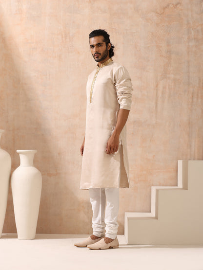 Indyancart ST Mens Cream Kurta with Gold Sequin Placket and Collar