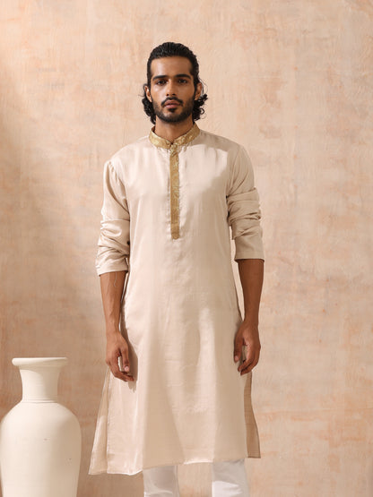 Indyancart ST Mens Cream Kurta with Gold Sequin Placket and Collar