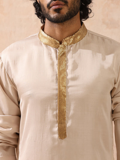 Indyancart ST Mens Cream Kurta with Gold Sequin Placket and Collar