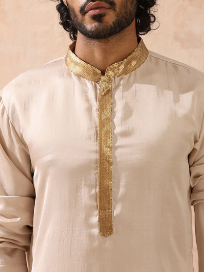 Indyancart ST Mens Cream Kurta with Gold Sequin Placket and Collar