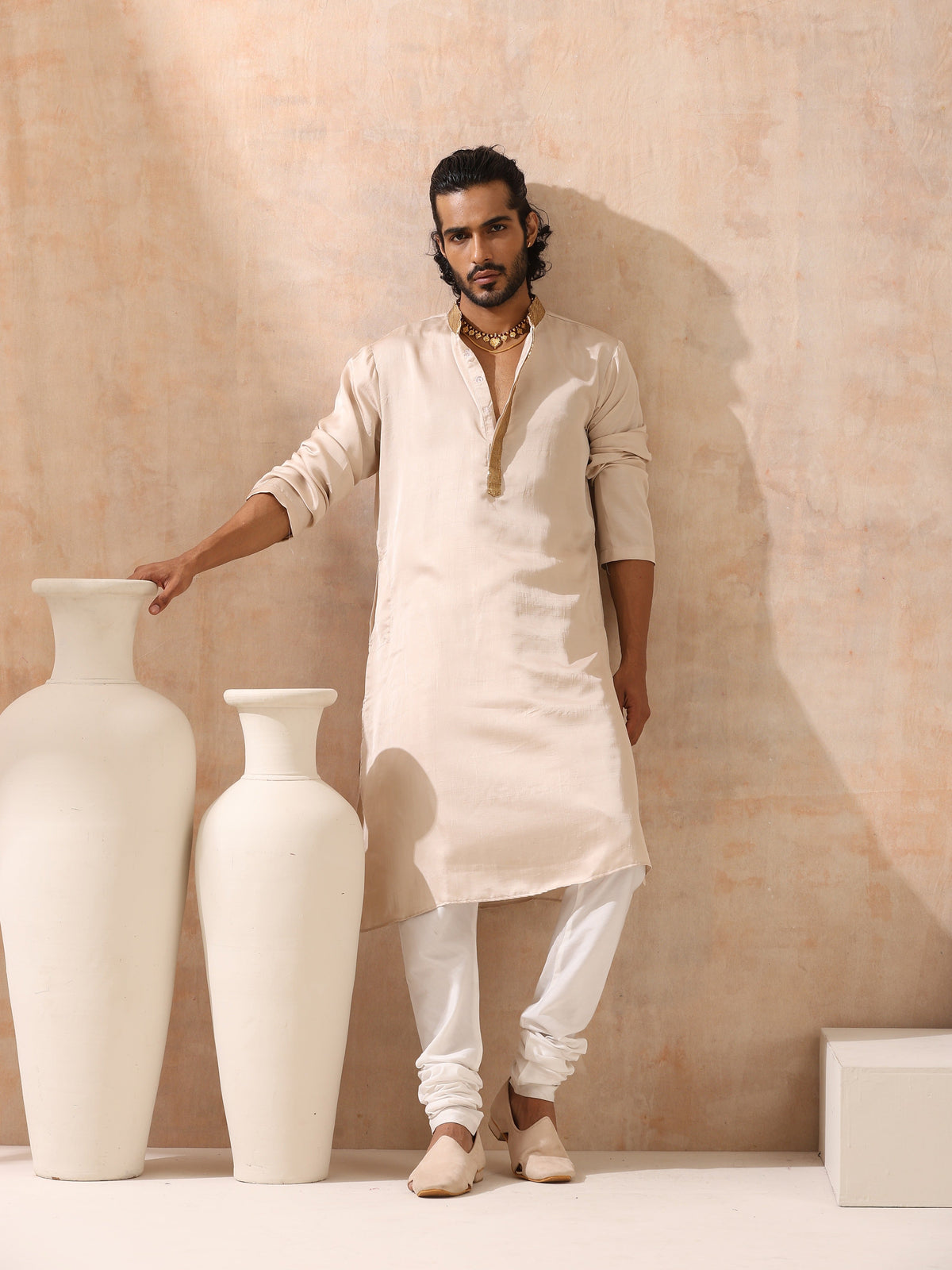 Indyancart ST Mens Cream Kurta with Gold Sequin Placket and Collar