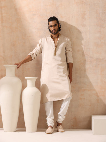 Indyancart ST Mens Cream Kurta with Gold Sequin Placket and Collar