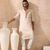 Indyancart ST Mens Cream Kurta with Gold Sequin Placket and Collar