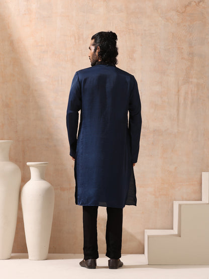 Indyancart ST Mens Blue Kurta with Black Sequin Placket and Collar