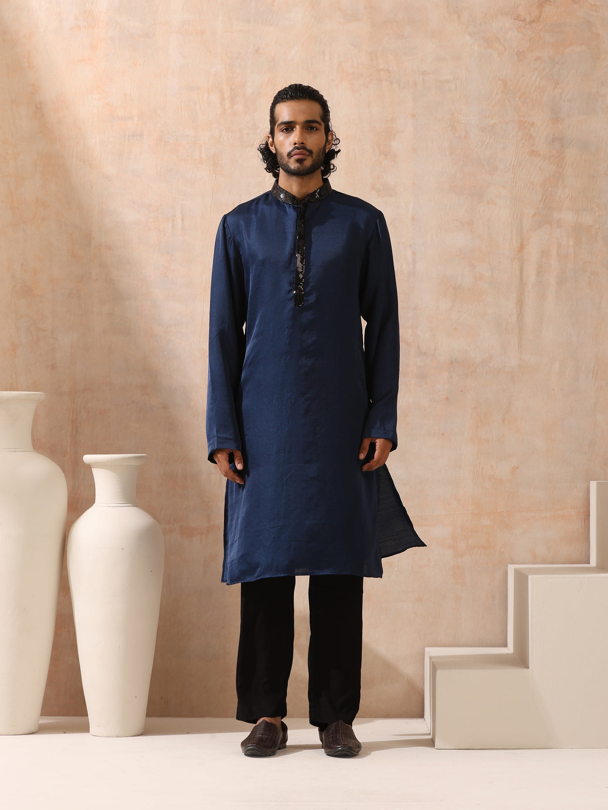Indyancart ST Mens Blue Kurta with Black Sequin Placket and Collar