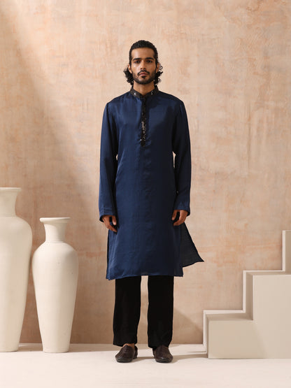 Indyancart ST Mens Blue Kurta with Black Sequin Placket and Collar