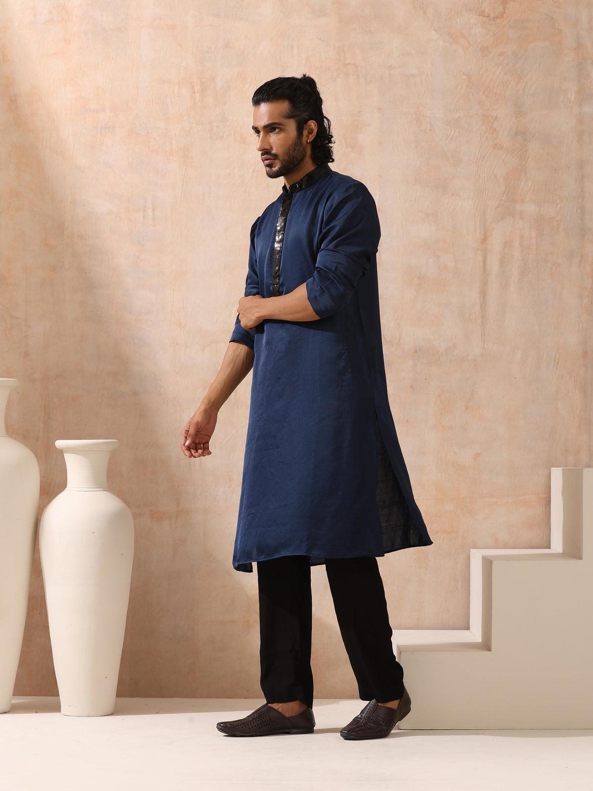 Indyancart ST Mens Blue Kurta with Black Sequin Placket and Collar