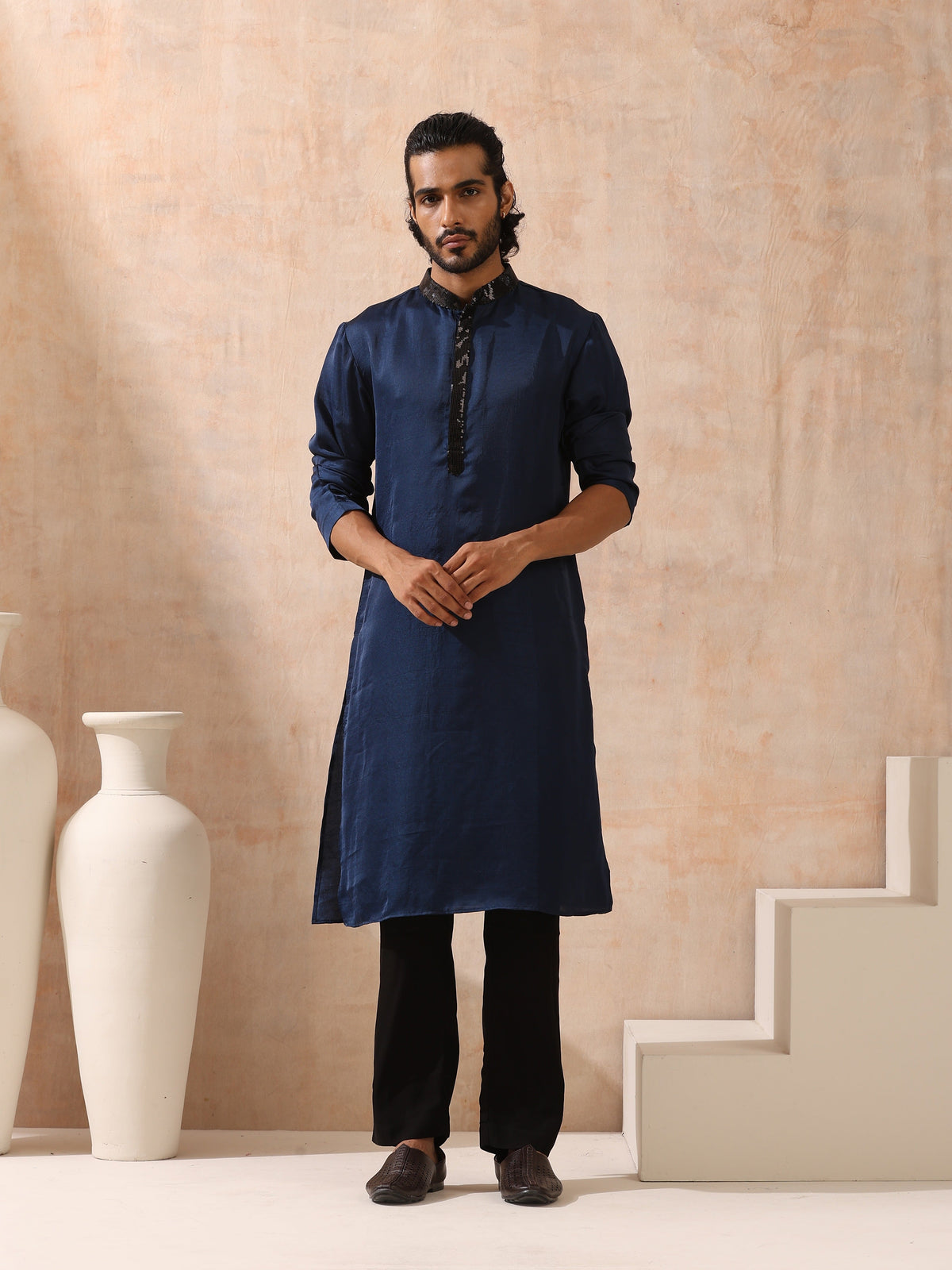 Indyancart ST Mens Blue Kurta with Black Sequin Placket and Collar