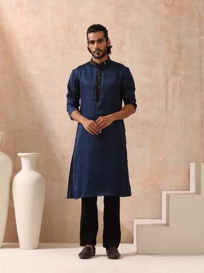 Indyancart ST Mens Blue Kurta with Black Sequin Placket and Collar