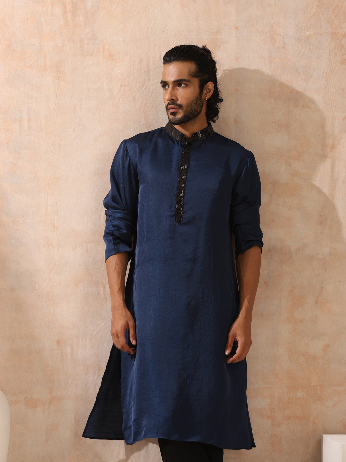 Indyancart ST Mens Blue Kurta with Black Sequin Placket and Collar