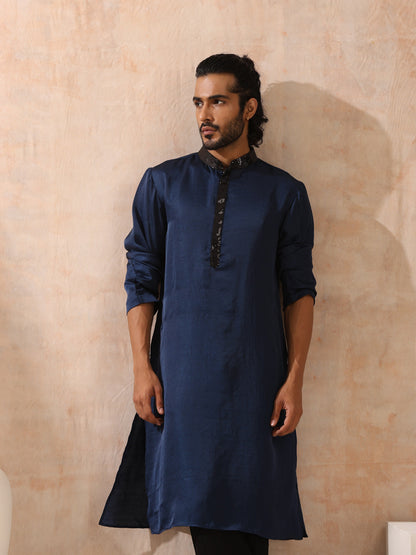 Indyancart ST Mens Blue Kurta with Black Sequin Placket and Collar
