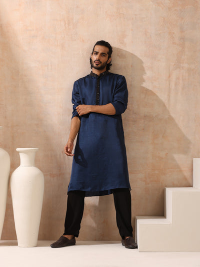 Indyancart ST Mens Blue Kurta with Black Sequin Placket and Collar