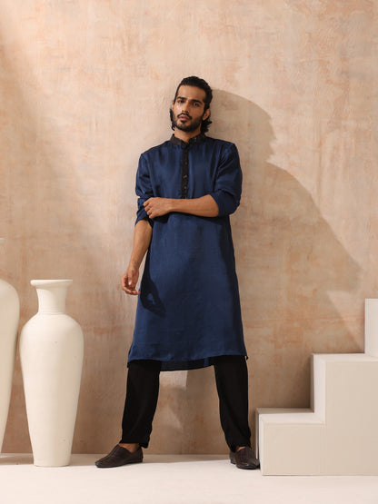 Indyancart ST Mens Blue Kurta with Black Sequin Placket and Collar