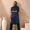Indyancart ST Mens Blue Kurta with Black Sequin Placket and Collar