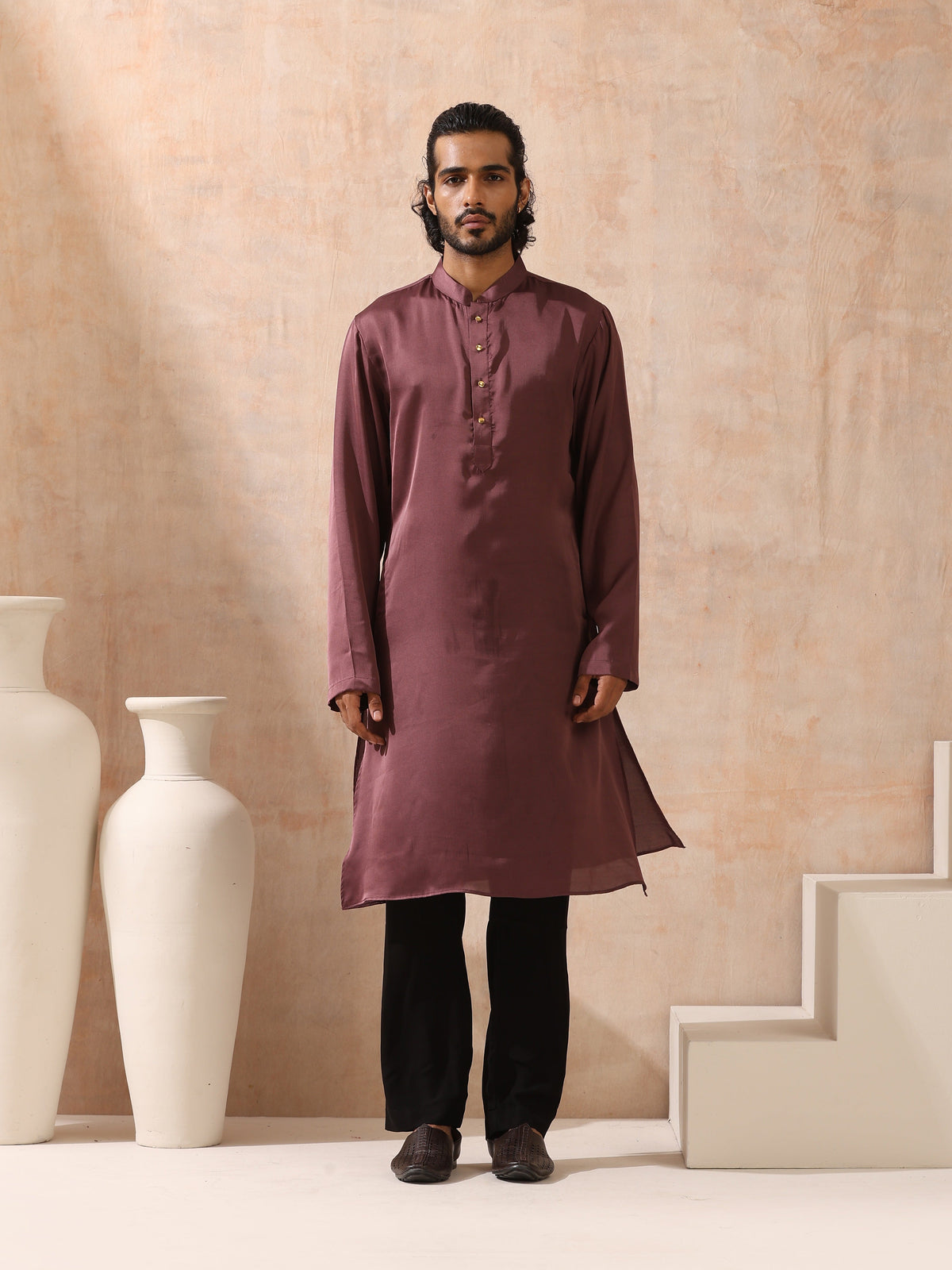 Indyancart ST Mens Chocolate Kurta with Gold Buttons