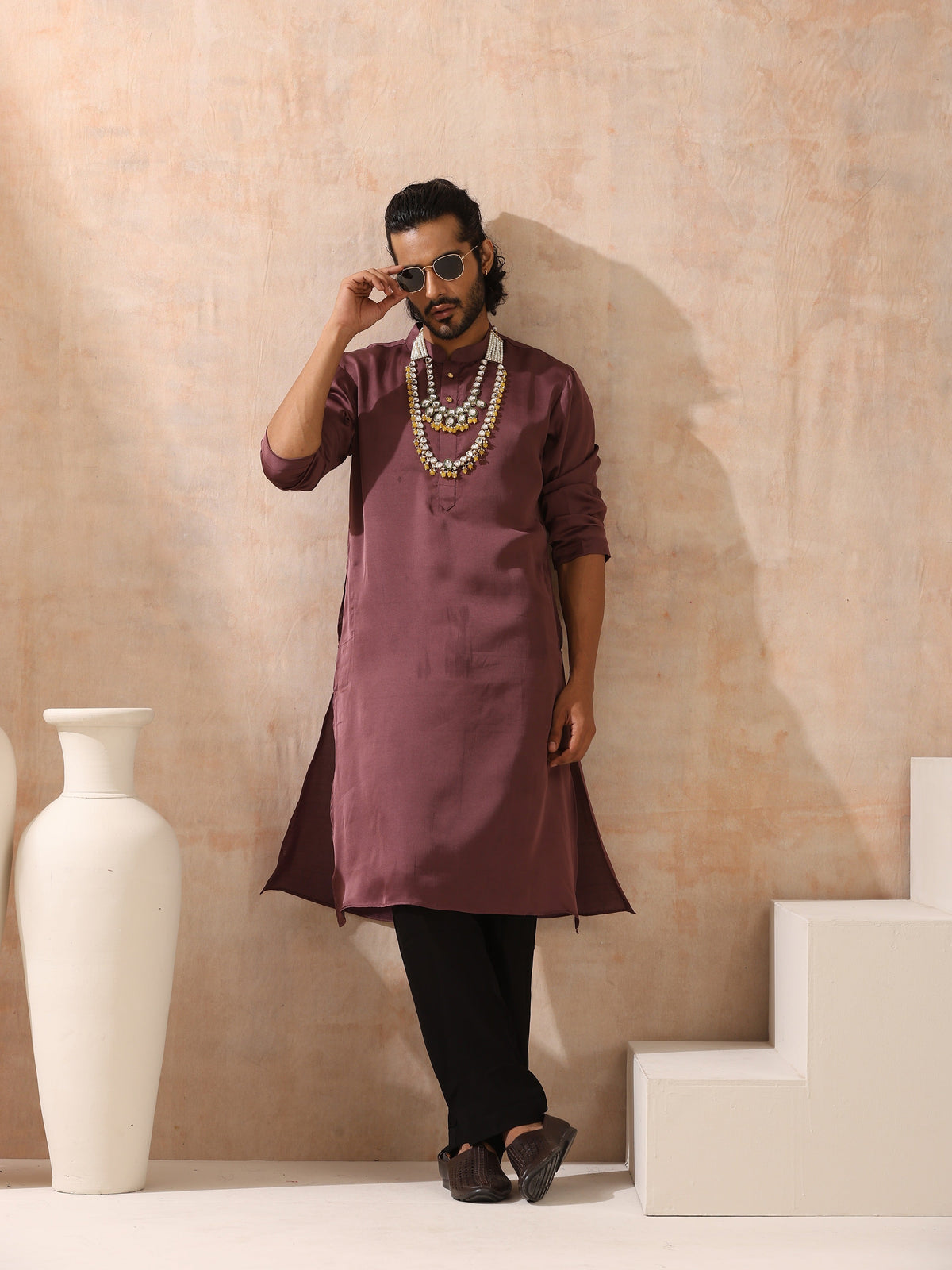 Indyancart ST Mens Chocolate Kurta with Gold Buttons