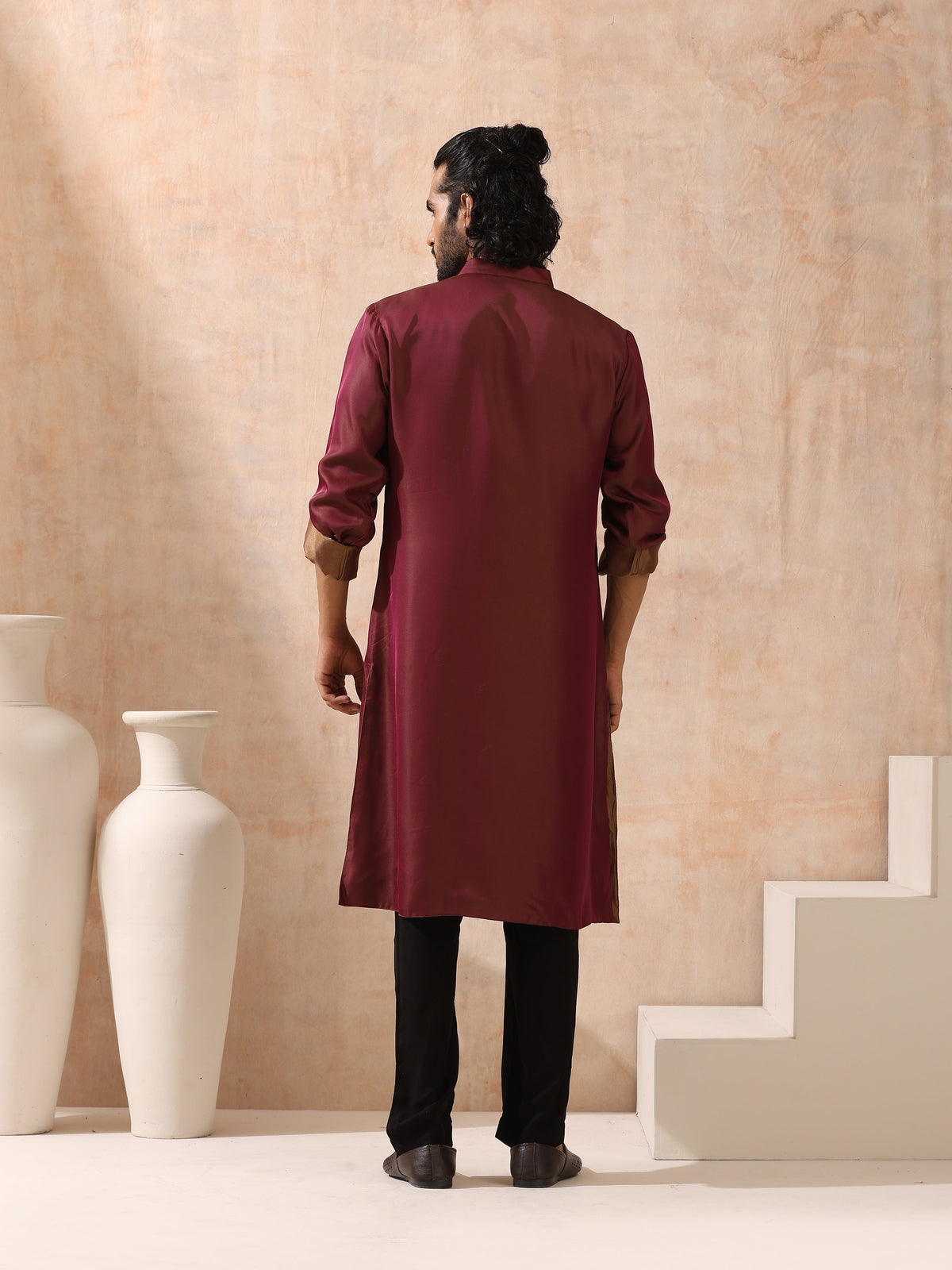 Indyancart ST Reversible Maroon and Mustard Satin Kurta