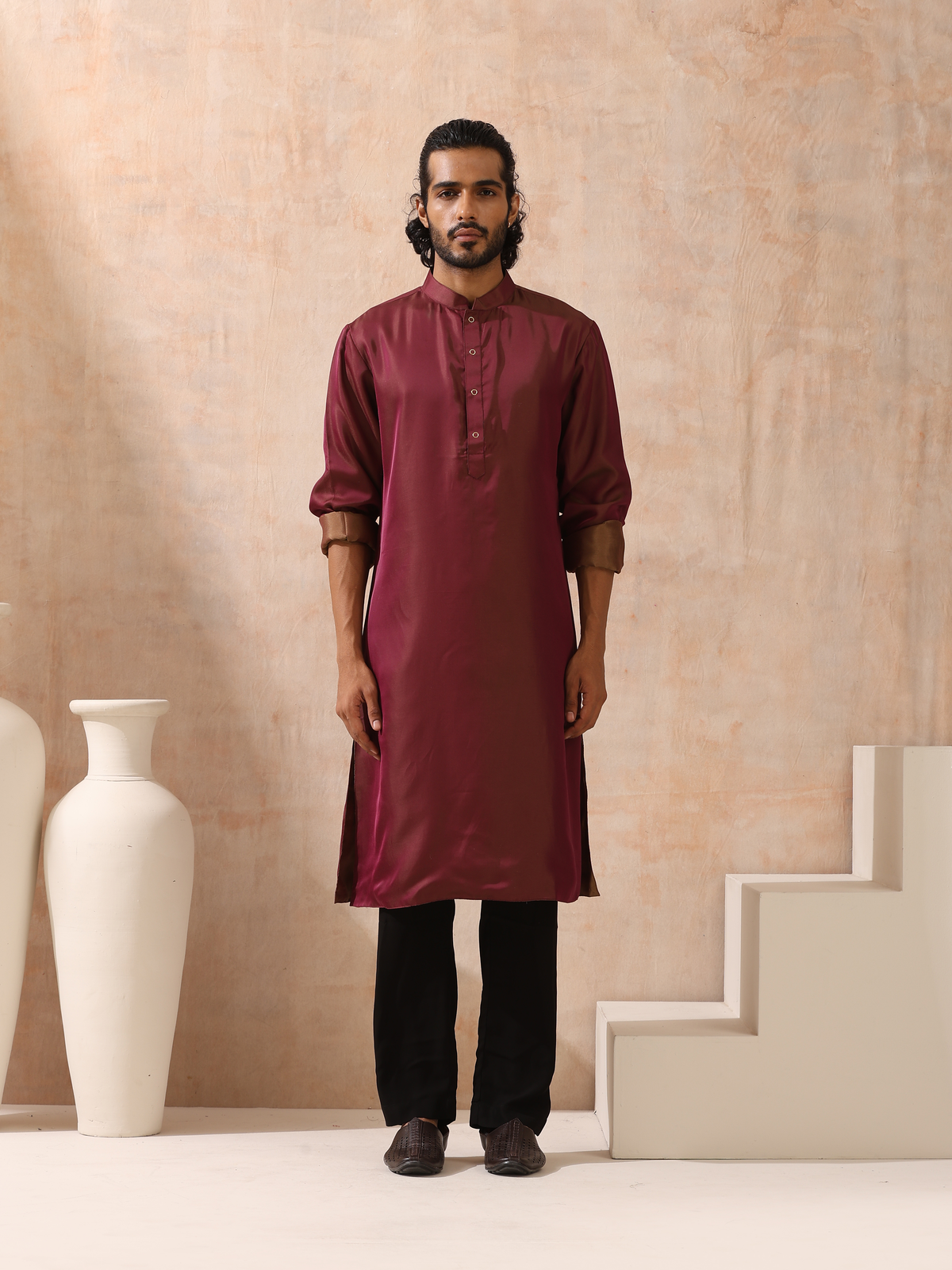 Indyancart ST Reversible Maroon and Mustard Satin Kurta