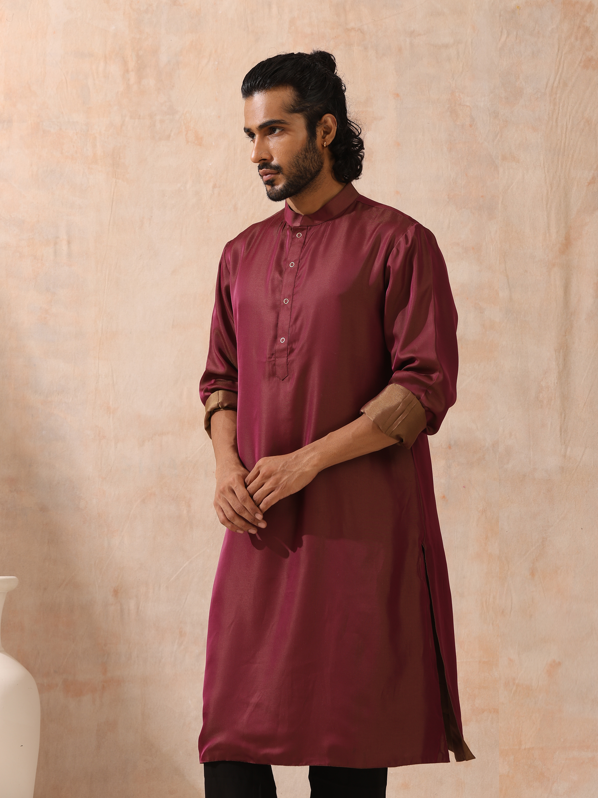 Indyancart ST Reversible Maroon and Mustard Satin Kurta