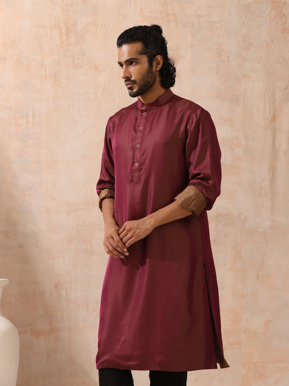 Indyancart ST Reversible Maroon and Mustard Satin Kurta