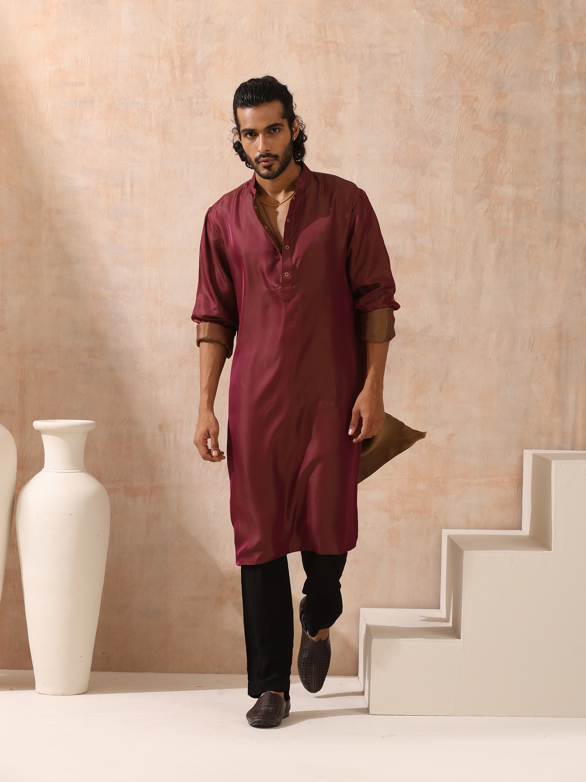 Indyancart ST Reversible Maroon and Mustard Satin Kurta