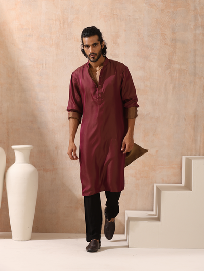 Indyancart ST Reversible Maroon and Mustard Satin Kurta