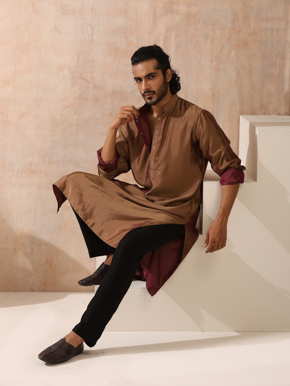 Indyancart ST Reversible Maroon and Mustard Satin Kurta