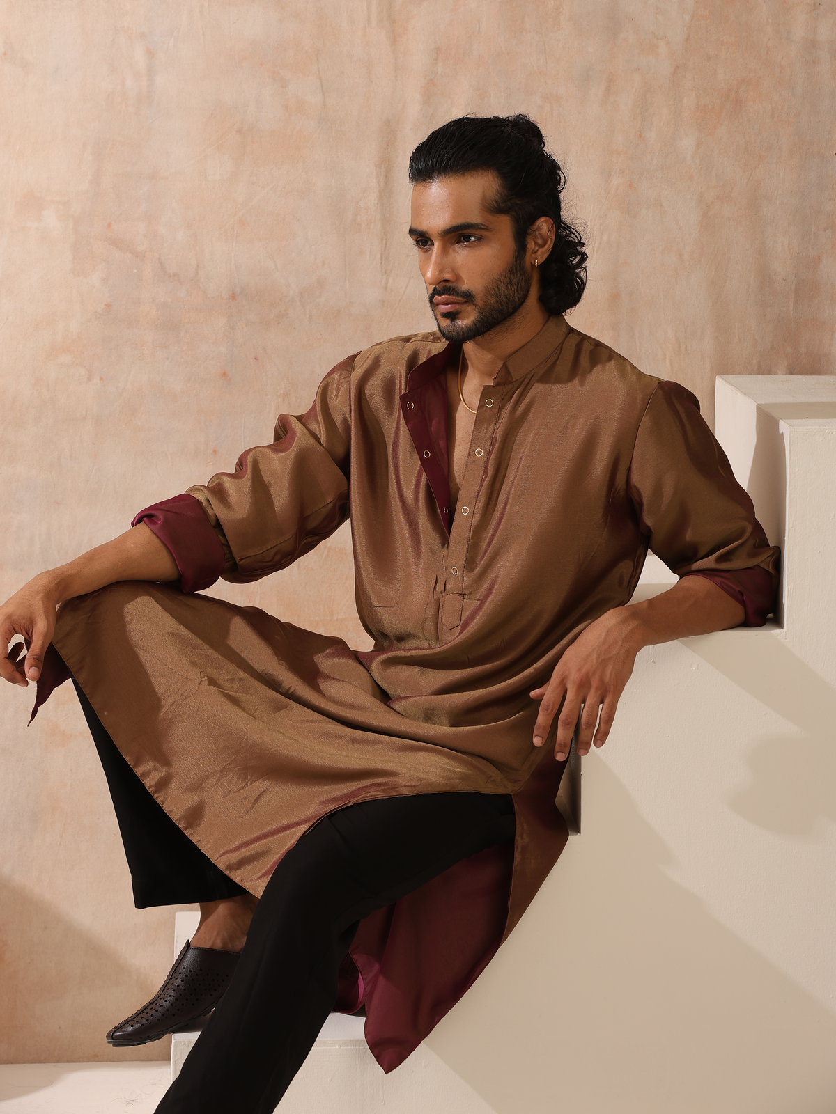 Indyancart ST Reversible Maroon and Mustard Satin Kurta