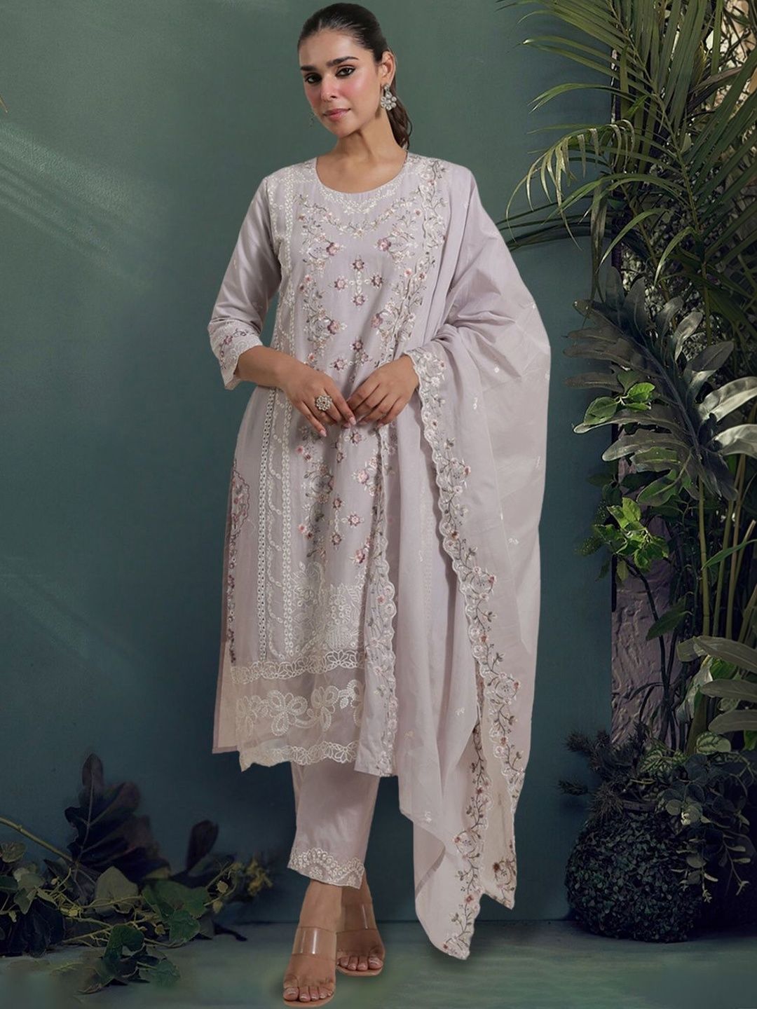 Women Floral Embroidered Regular Thread Work Pure Cotton Kurta with Trousers & With Dupatta