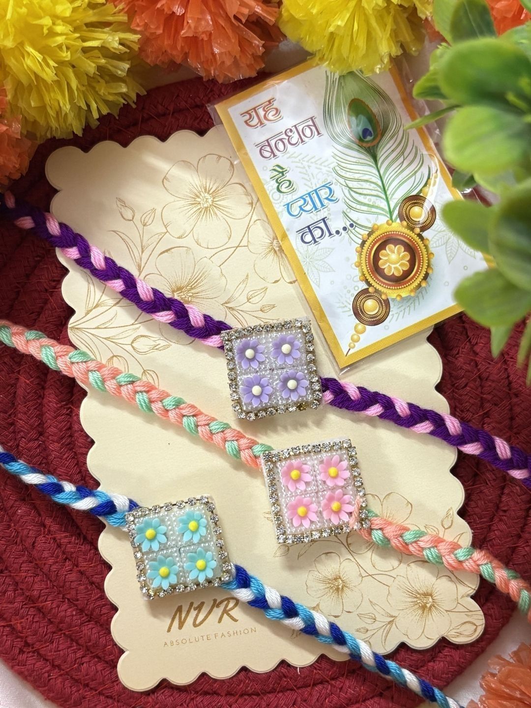Anouk Set Of 3 Multicolor Ad Thread Rakhi With Roli Chawal Chandan Mishri