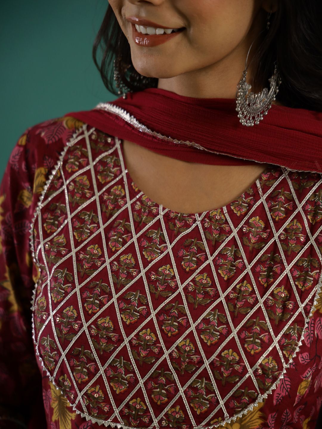 Indyancart SN Women's Floral Printed Gotta Patti Pure Cotton Anarkali Kurta & Trousers With Dupatta