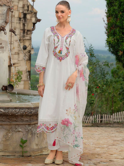 Floral Embroidered V-Neck Straight Thread Work Kurta With Trousers & Dupatta