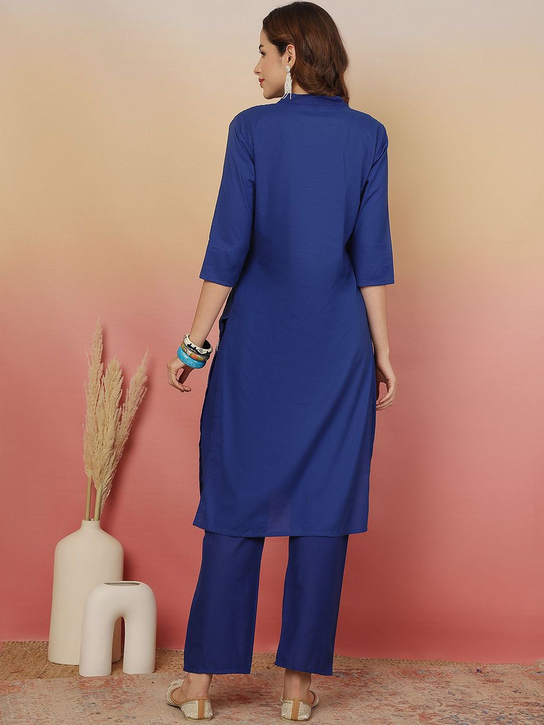 Indyancart SN Women's Embroidered Pure Cotton Straight Kurta With Trousers