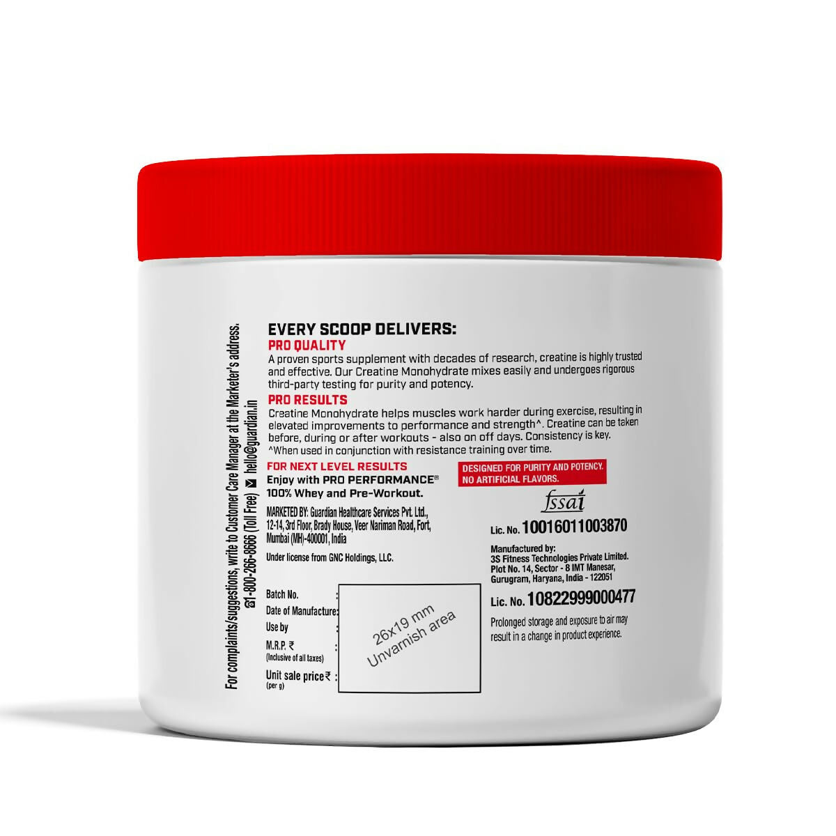 GNC Pro Performance Creatine Monohydrate cranberry Ayurvedic protein powder container with label and scoop inside.