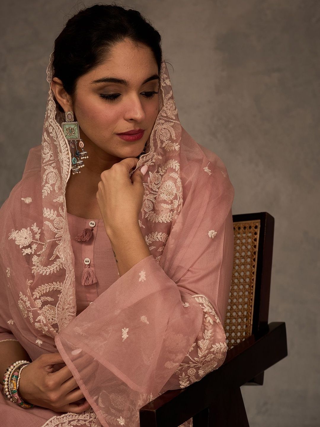 Floral Embroidered Thread Work Pure Cotton Straight Kurta & Trousers With Dupatta
