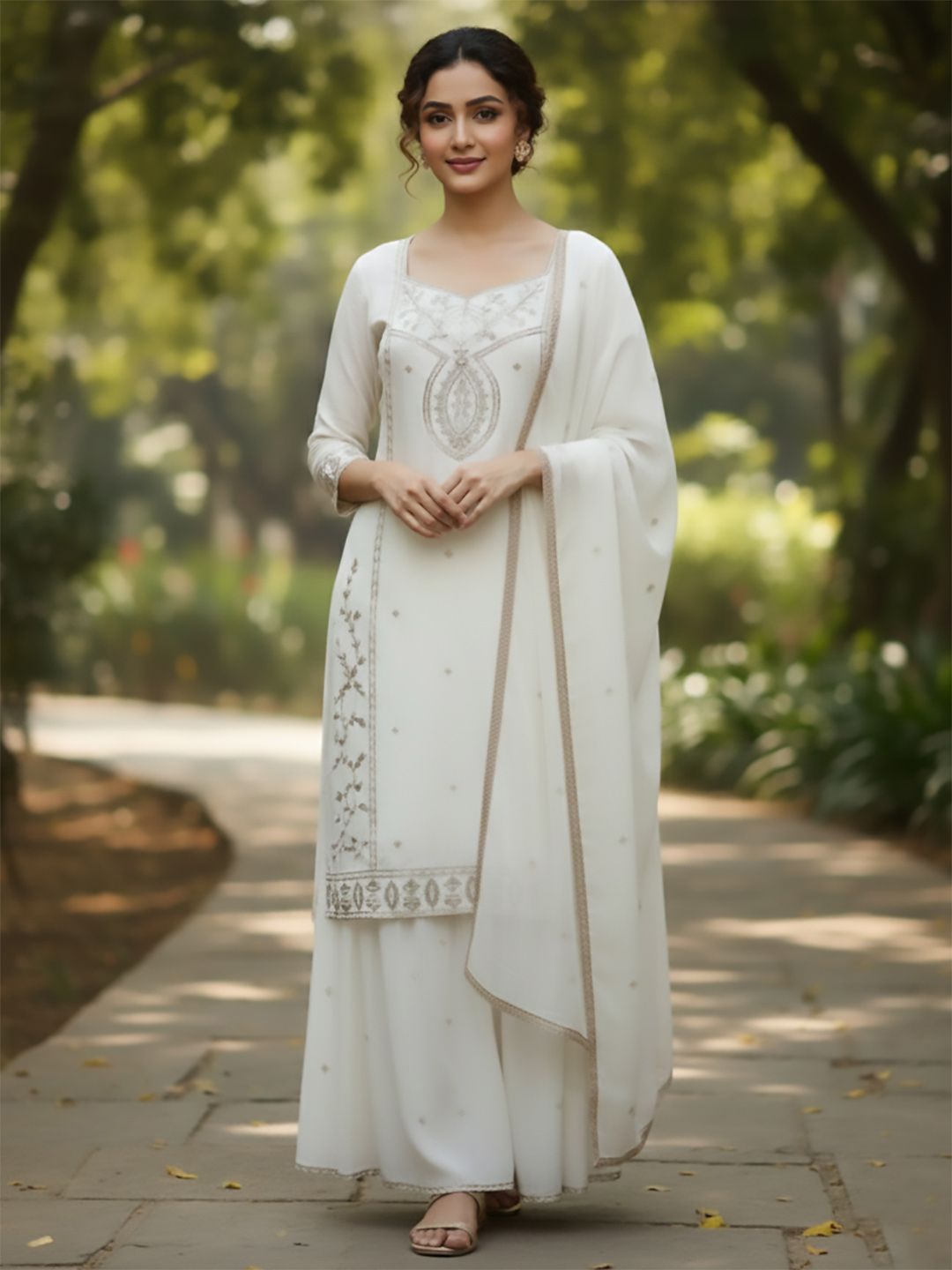 Indyancart VA Women Ethnic Motifs Embroidered Regular Thread Work Kurta with Sharara & With Dupatta
