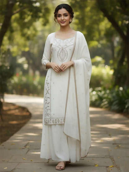 Indyancart VA Women Ethnic Motifs Embroidered Regular Thread Work Kurta with Sharara & With Dupatta