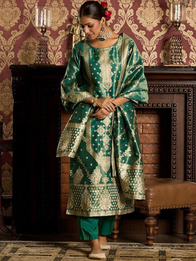 Indyancart IE Ethnic Motifs Woven Design Zari Straight Kurta With Trousers & Dupatta