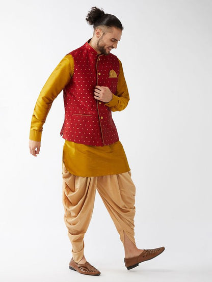 Men's Mustard Silk Blend Straight Jacket  Kurta and Dhoti Set