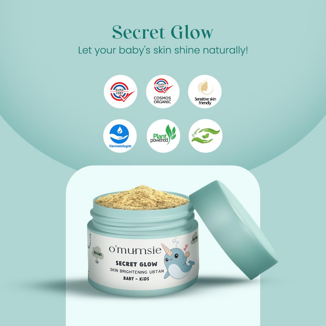 O'Mumsie Secret Glow skin brightening baby ubtan in a jar, natural baby body scrub for gentle cleansing and skin glow.