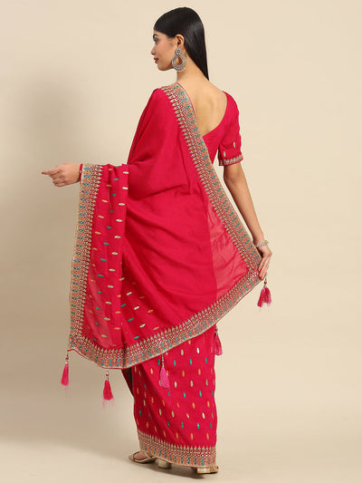 Women's Silk Blend Pink Embellished Designer Saree With Blouse Piece