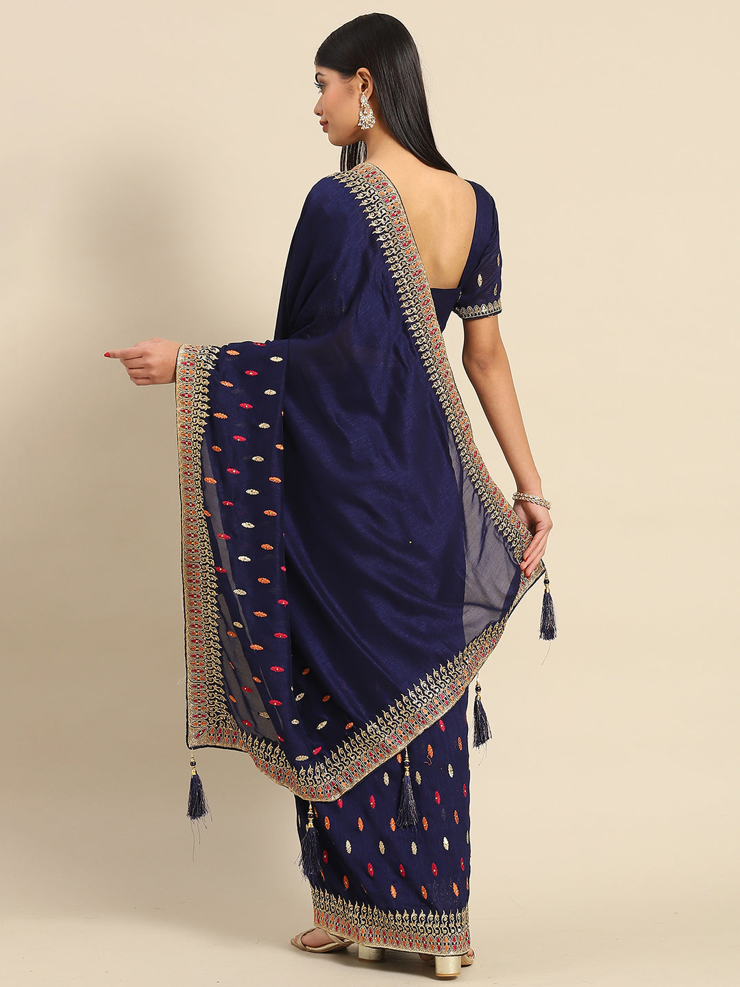 Women's Silk Blend Navy Blue Embellished Designer Saree With Blouse Piece