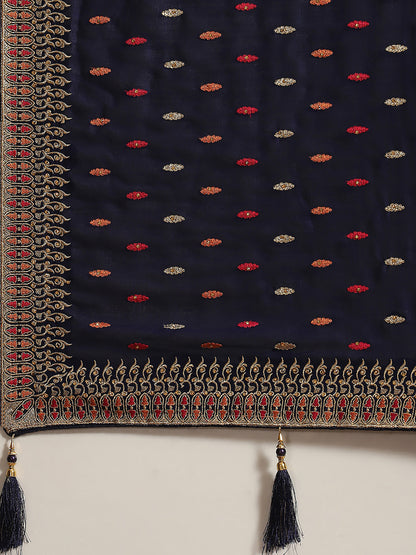 Women's Silk Blend Navy Blue Embellished Designer Saree With Blouse Piece