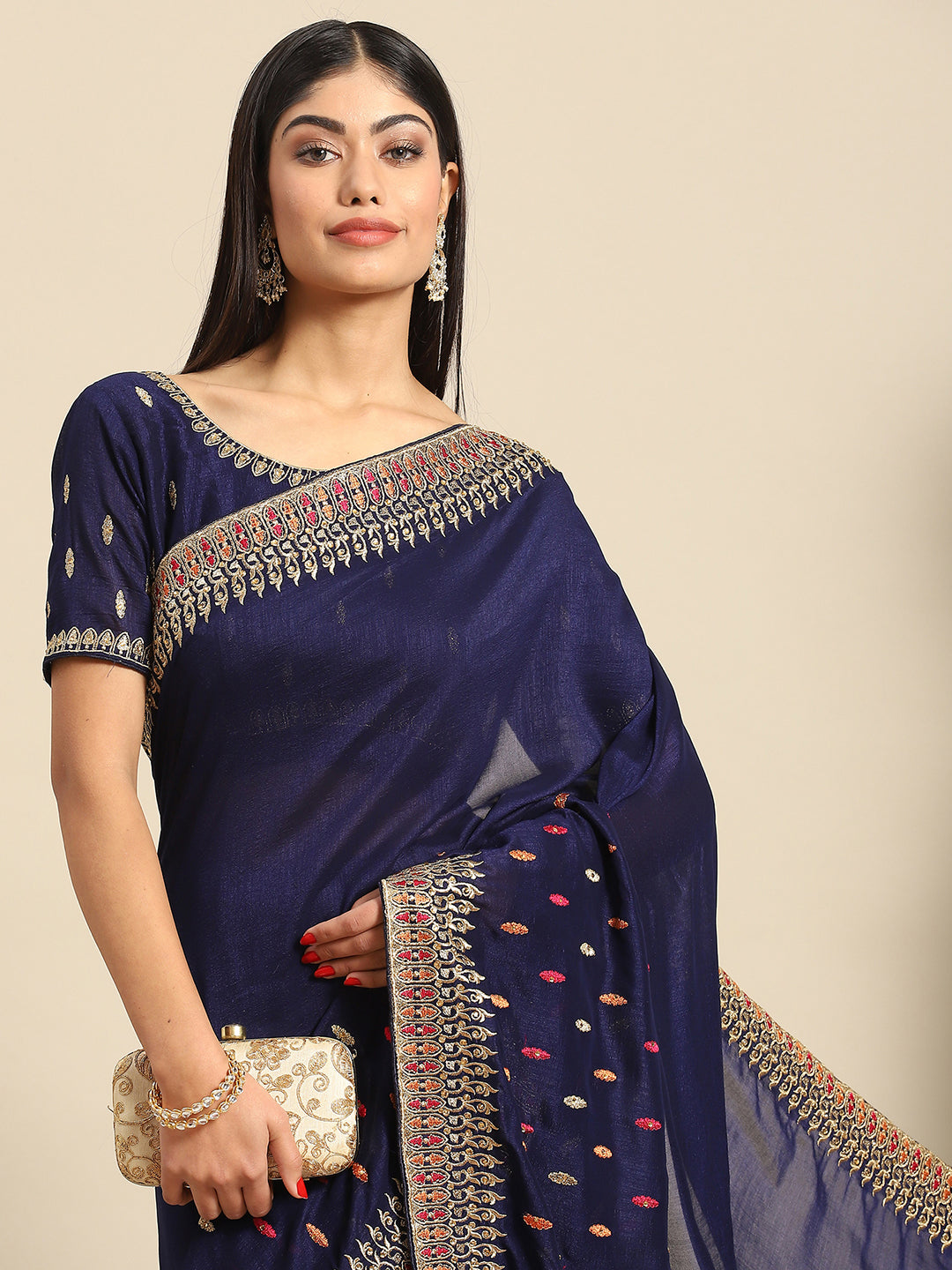 Women's Silk Blend Navy Blue Embellished Designer Saree With Blouse Piece