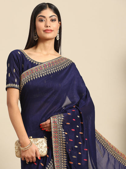 Women's Silk Blend Navy Blue Embellished Designer Saree With Blouse Piece