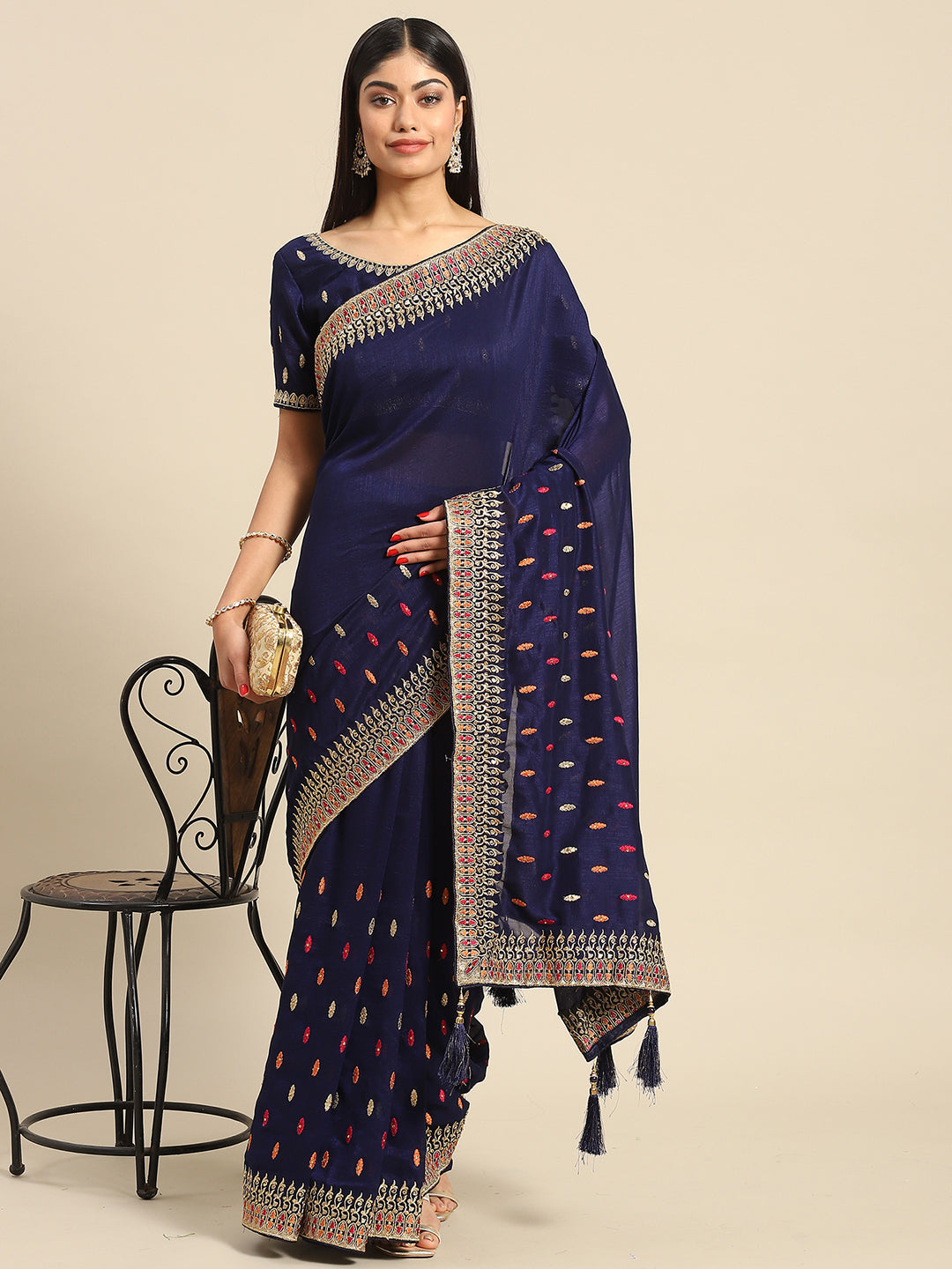Women's Silk Blend Navy Blue Embellished Designer Saree With Blouse Piece