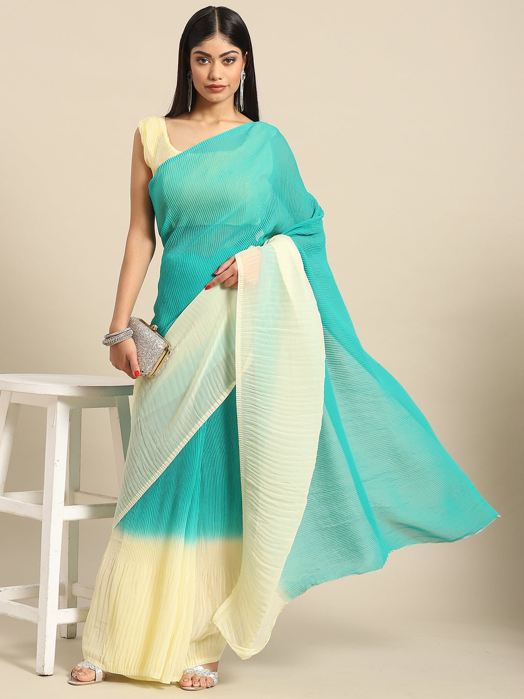 Women's Pure Crepe Sea Green Solid Designer Saree With Blouse Piece