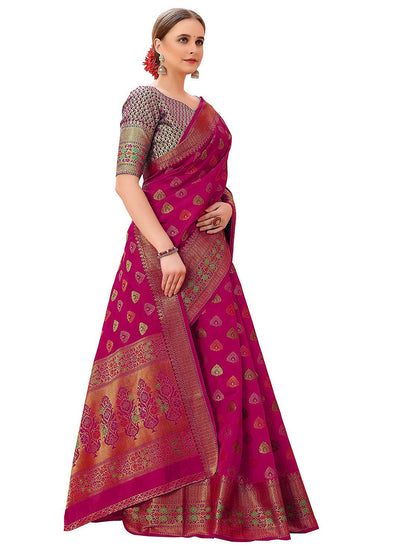 Indyancart GR Women's Aarvi Wine Zari Woven Design Banarasi Organza Saree